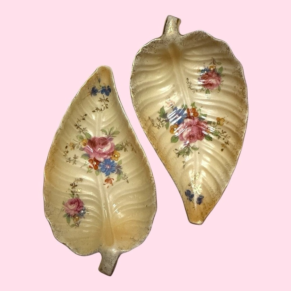 Vintage Fine China Hand Painted Floral Leaf Trinket Dish Set of 2 Gold Gilt Trim